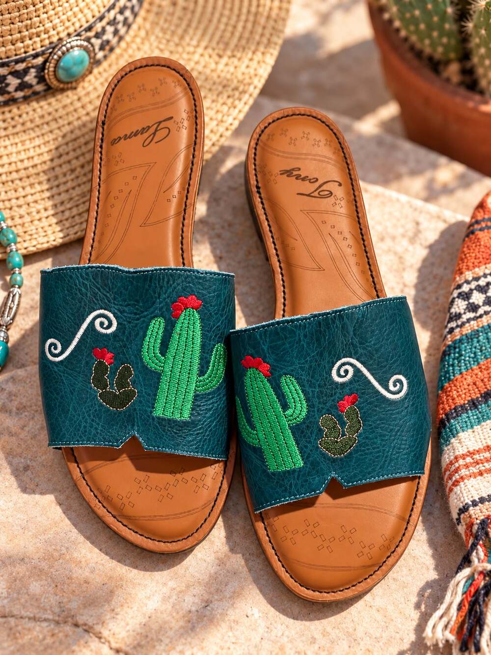NWOT Tony Llama  Cactus Leather Slide Sandals Teal Green -  Sz 10